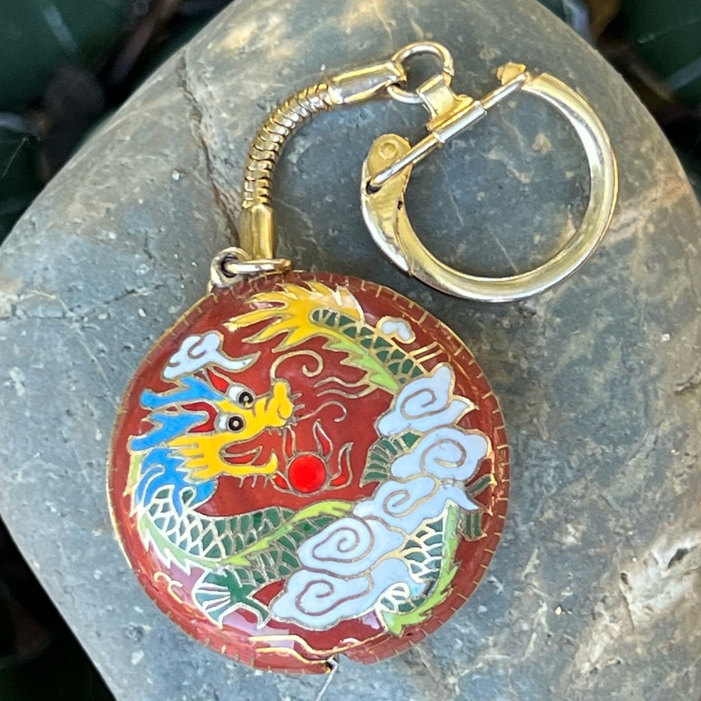 Vintage Cloisonné Dragon Measuring Tape Key Fob
